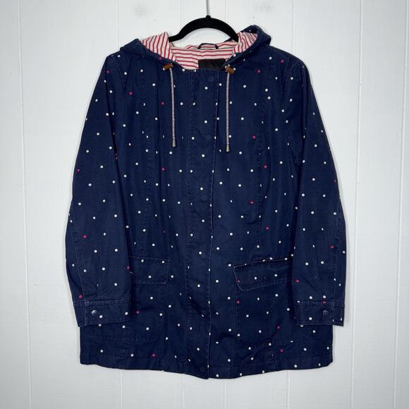 Talbots Women’s Water Resistant Polka Dot Jacket Hooded Navy Blue Size Large - Picture 1 of 8
